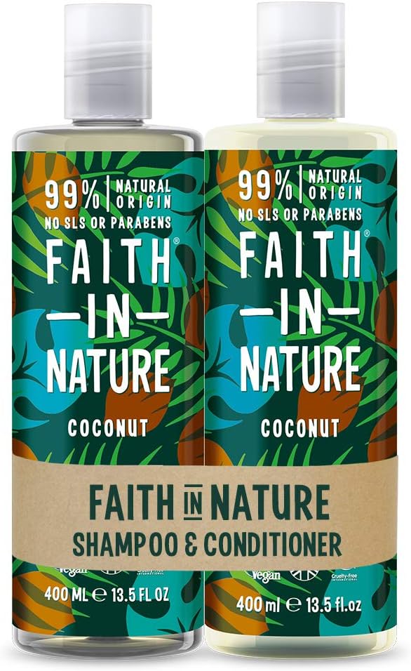 Faith In Nature Natural Coconut Shampoo and Conditioner Set, Hydrating, Vegan & Cruelty Free, No SLS or Parabens, For Normal to Dry Hair, 2 x 400ml