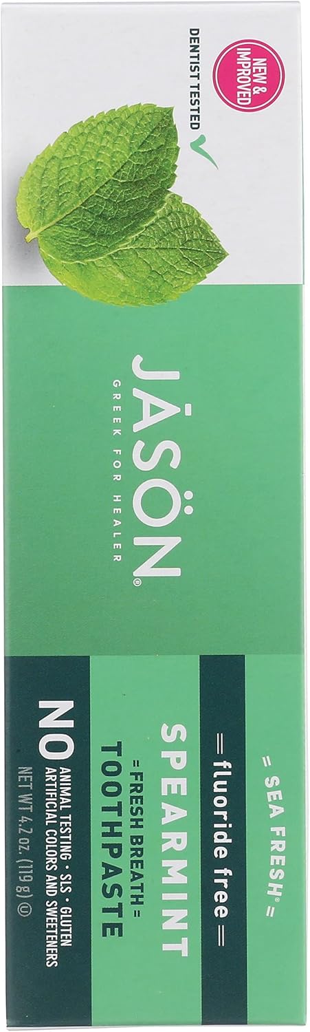 Jason Sea Fresh Spearmint Toothpaste | Fluoride-Free Formula | For Fresh Breath & Sparkling White Teeth Smile | 4.2Oz
