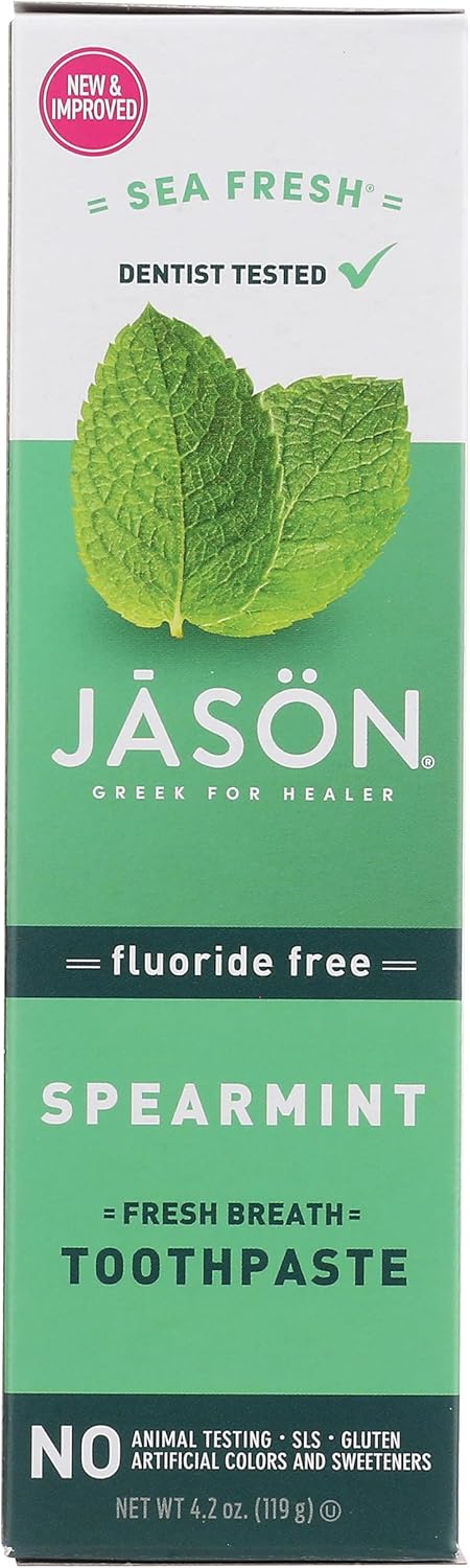 Jason Sea Fresh Spearmint Toothpaste | Fluoride-Free Formula | For Fresh Breath & Sparkling White Teeth Smile | 4.2Oz