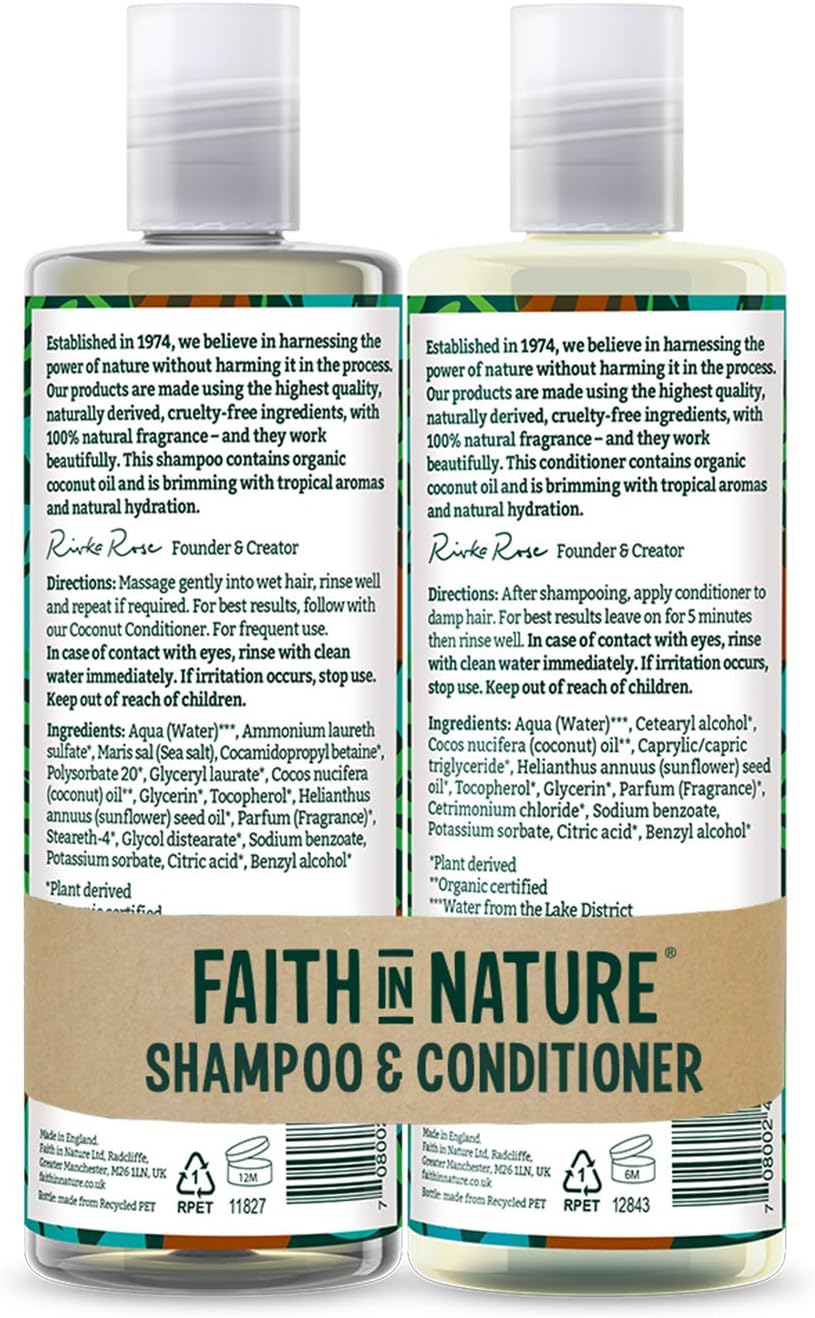 Faith In Nature Natural Coconut Shampoo and Conditioner Set, Hydrating, Vegan & Cruelty Free, No SLS or Parabens, For Normal to Dry Hair, 2 x 400ml