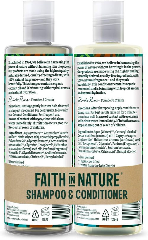 Faith In Nature Natural Coconut Shampoo and Conditioner Set, Hydrating, Vegan & Cruelty Free, No SLS or Parabens, For Normal to Dry Hair, 2 x 400ml