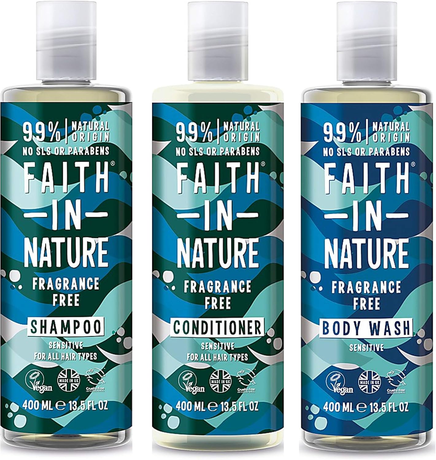 Faith In Nature Shampoo, Conditioner & Shower Gel Trio | Vegan | Cruelty Free | 99% Natural Fragrance | Free From SLS or Parabens… (Fragrance Free)